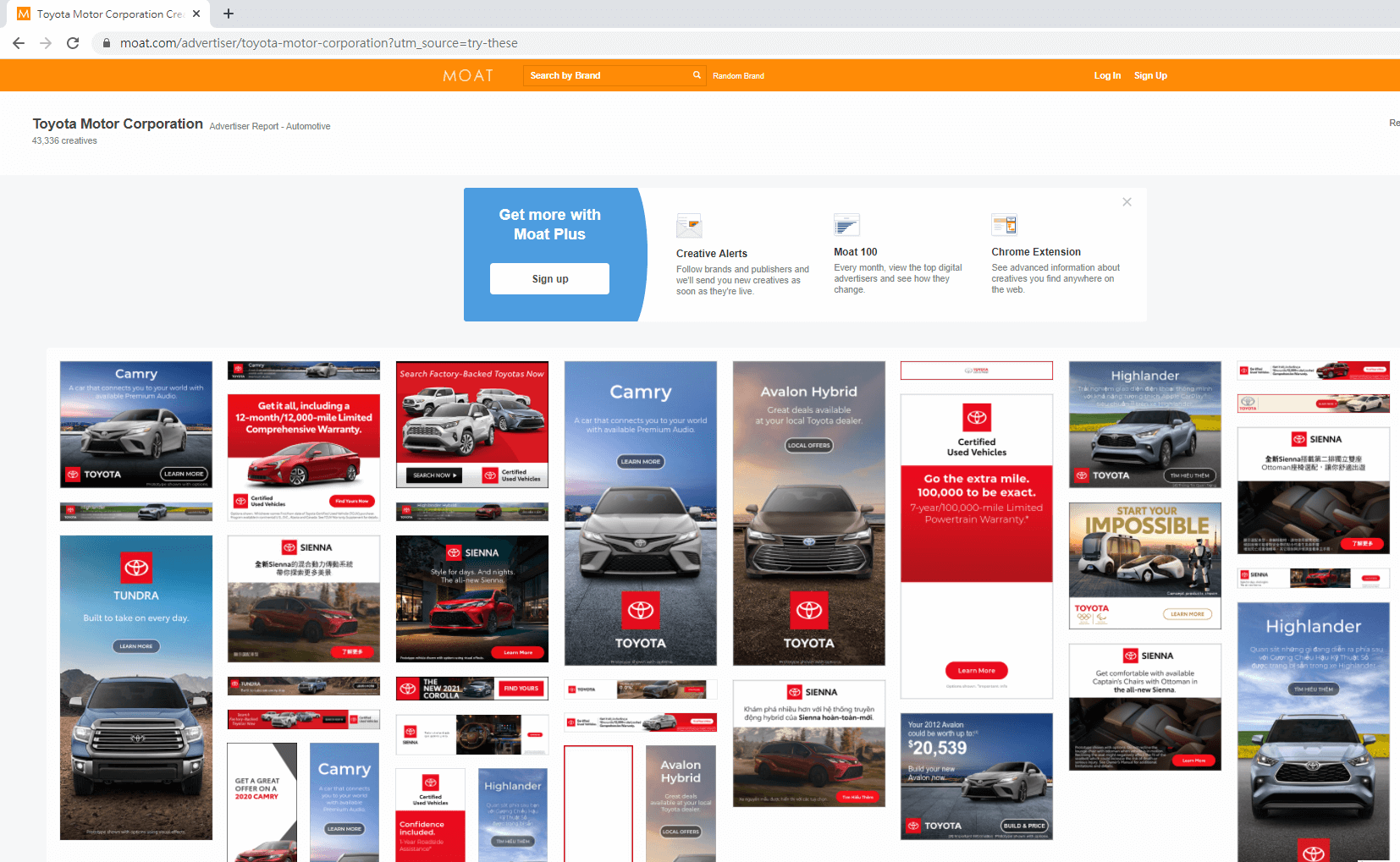 在MOAT網站上，可以直接查詢各大品牌的廣告素材。(圖：擷取自MOAT 使用畫面)