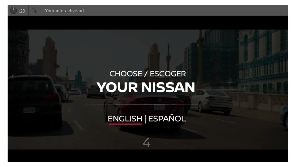 在廣告影片開頭，有五秒鐘的時間可以讓觀看者選擇語言。(圖：擷取自NISSAN true[X] 休旅車互動式影片廣告)