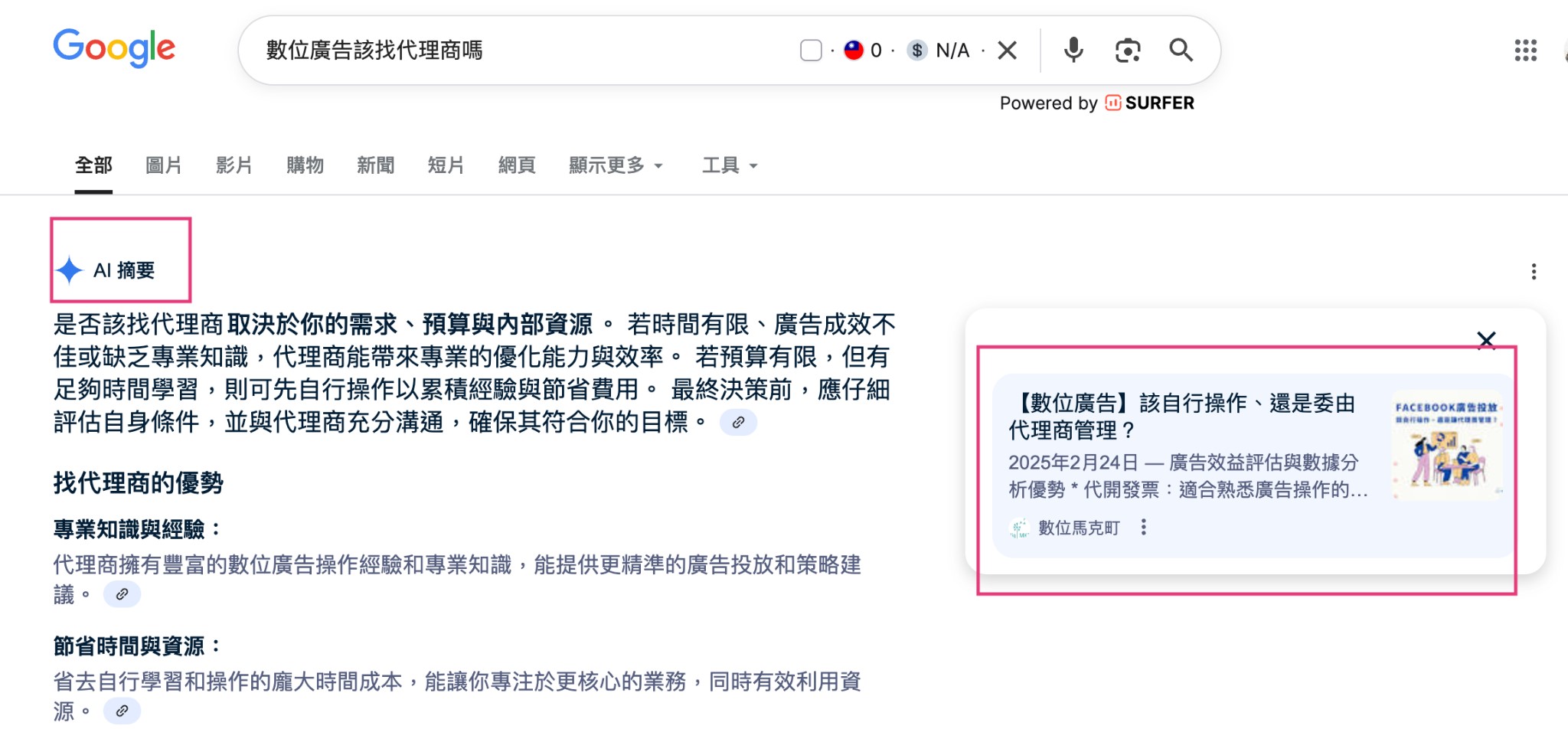 Google AI 摘要搜尋結果示意圖